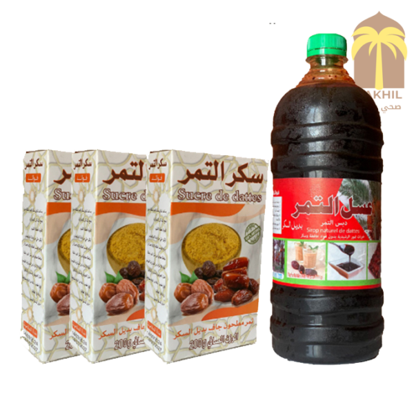 عسل دبس التمر الطبيعي 1 لتر + 3 علب سكر التمر الطبيعي باقة 3