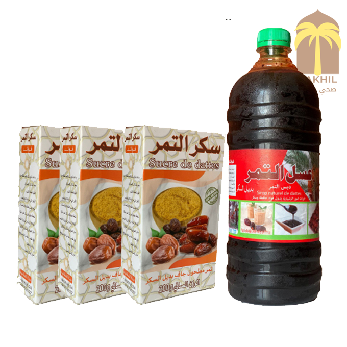 عسل دبس التمر الطبيعي 1 لتر + 3 علب سكر التمر الطبيعي باقة 3